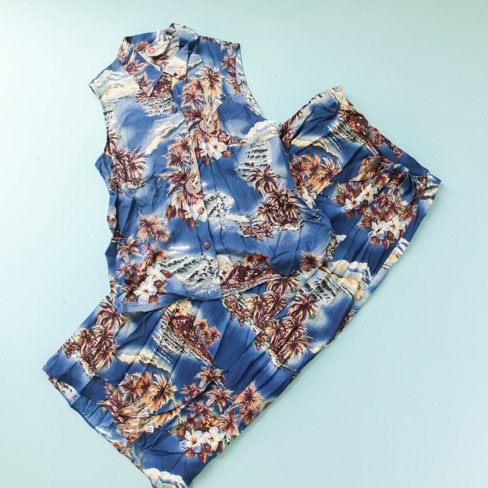 Hilo Hattie Vintage 90s Hawaiian Blue Tropical 2pc Top Wrap Skirt Set S Vacation